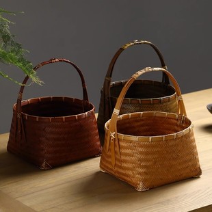 Bamboo Fine-woven Basket Tea Ceremony Storage Large Coffee Table Tea Bowl Storage Ornaments Vintage Bamboo Basket Home Handbag Tea Set