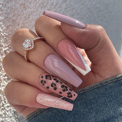 Elegant long-lasting banana milk gel nail with minimalist French leopard print and glitter, pure desire Instagram-style nail art artificial nails
