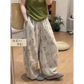 新中式百搭绸睡裤女夏季新款大码长裤复古花卉印花适家居遛弯裤子