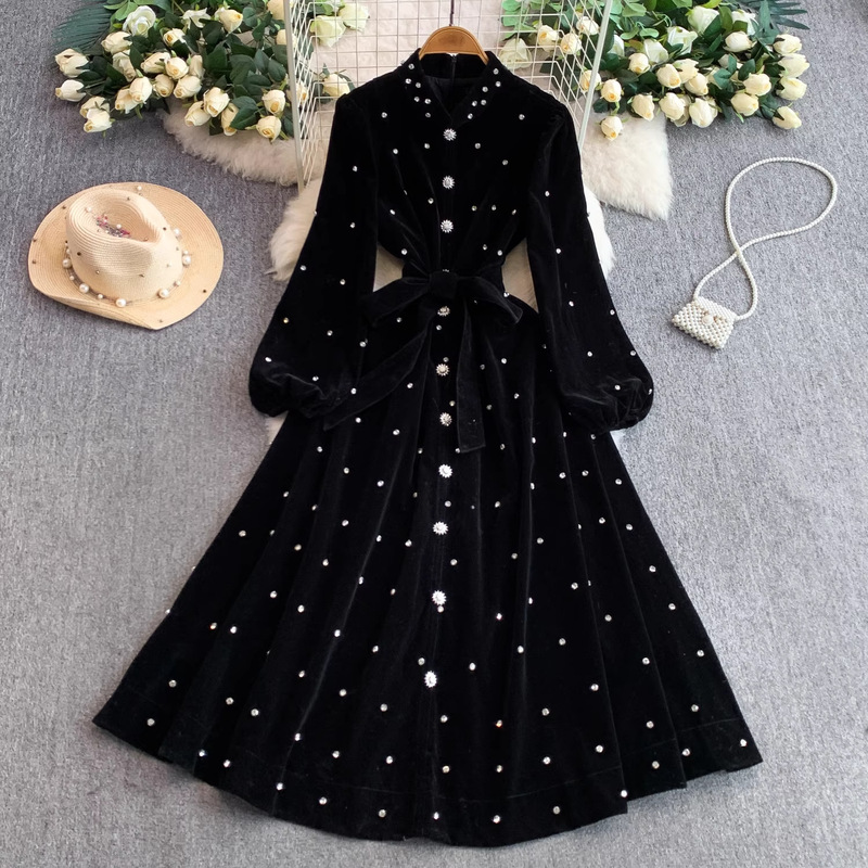 Cross-Border Foreign Trade Diamond-Encrusted Single-Breasted Stand-Up Collar Dress for Female Celebrities, Elegant Temperament, Waist-Cinching Velvet Dress