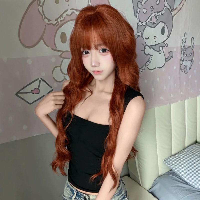 【Bounty Hunter】Women's Wig with Straight Bangs, Long Curly Hair, Water Wave Pattern, Orange-Brown, Atmospheric, Realistic Full Headpiece
