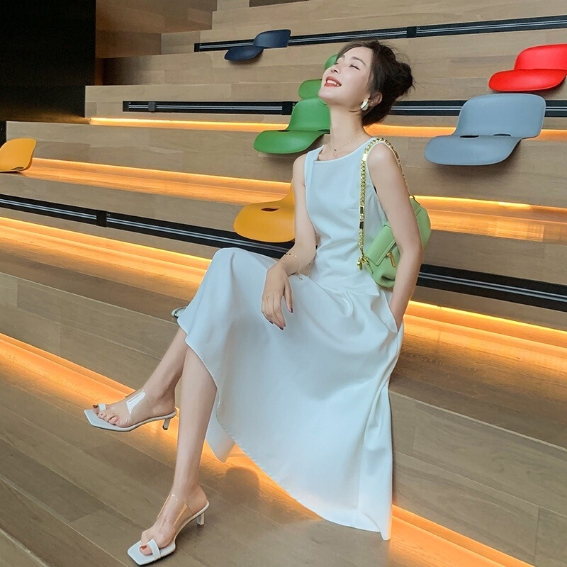 White Sleeveless Dress for Women, High-End Formal Occasion, Beautiful Elegant, Western Style Hepburn Style Dress Skirt Summer