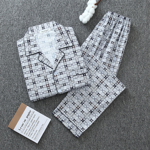 New Men's Spring and Autumn Pajamas Loose Printed Long-sleeved Cardigan Lapel Cotton Knitted Home Clothes Two-piece Set