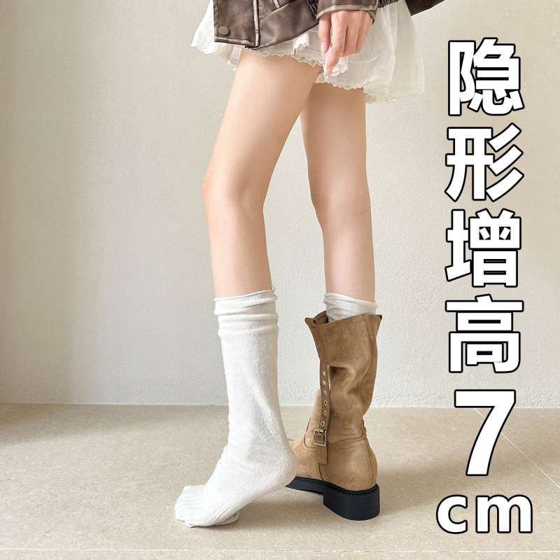 褶皱堆堆靴女绒面方圆头中筒西部牛仔靴显瘦粗跟骑士靴内增高短靴|undefined