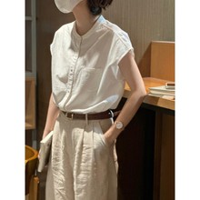 法式轻熟白色短袖衬衫女夏季宽松设计感无袖衬衣小飞袖上衣薄
