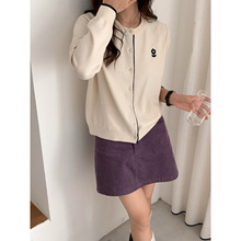 韩版休闲时尚圆领一枝花刺绣针织衫宽松显瘦撞色纽扣开衫女ZDJ