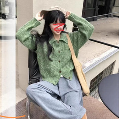 韩系翻领针织衫女2025秋季新款花纱设计感短款小个子宽松毛衣外套