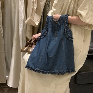 Girls' Denim dress 2024 Summer Children's Korean-style fashionable fungus lace sleeveless thin holiday style children's skirt