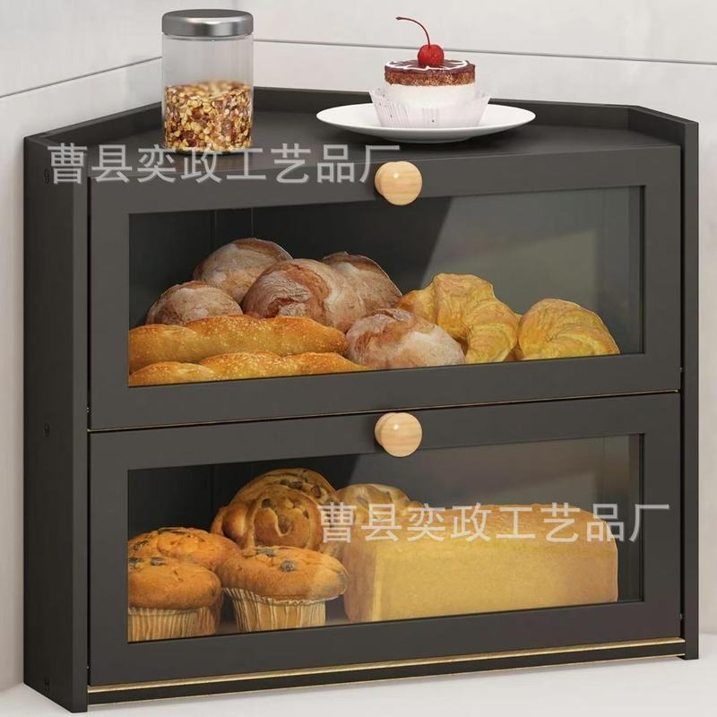跨境实木拐角面包箱家用木质双层面包收纳盒木制糕点甜品储存箱|undefined