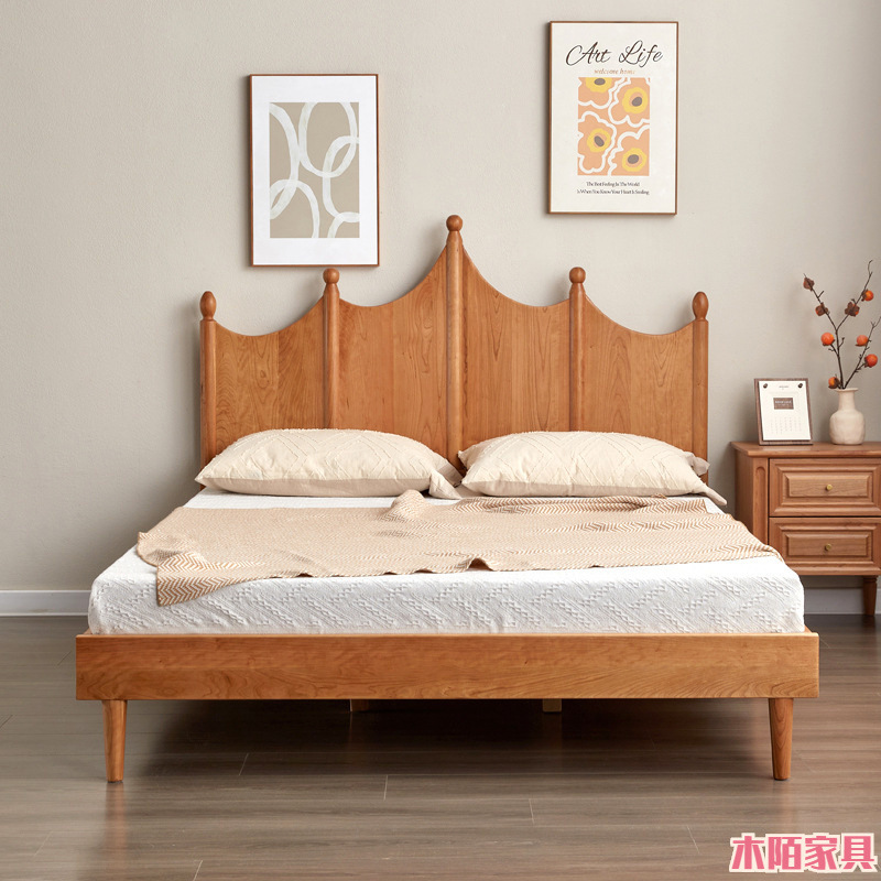 Solid Wood Vintage Bed Cherry Wood Solid Wood Double Bed Vintage Crown Bedroom Black Walnut Master Bedroom Children's Bed Large Bed