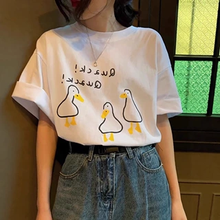 鸭子印花短袖T恤女夏季2025新款宽松韩版显瘦洋气打底衫上衣ins女