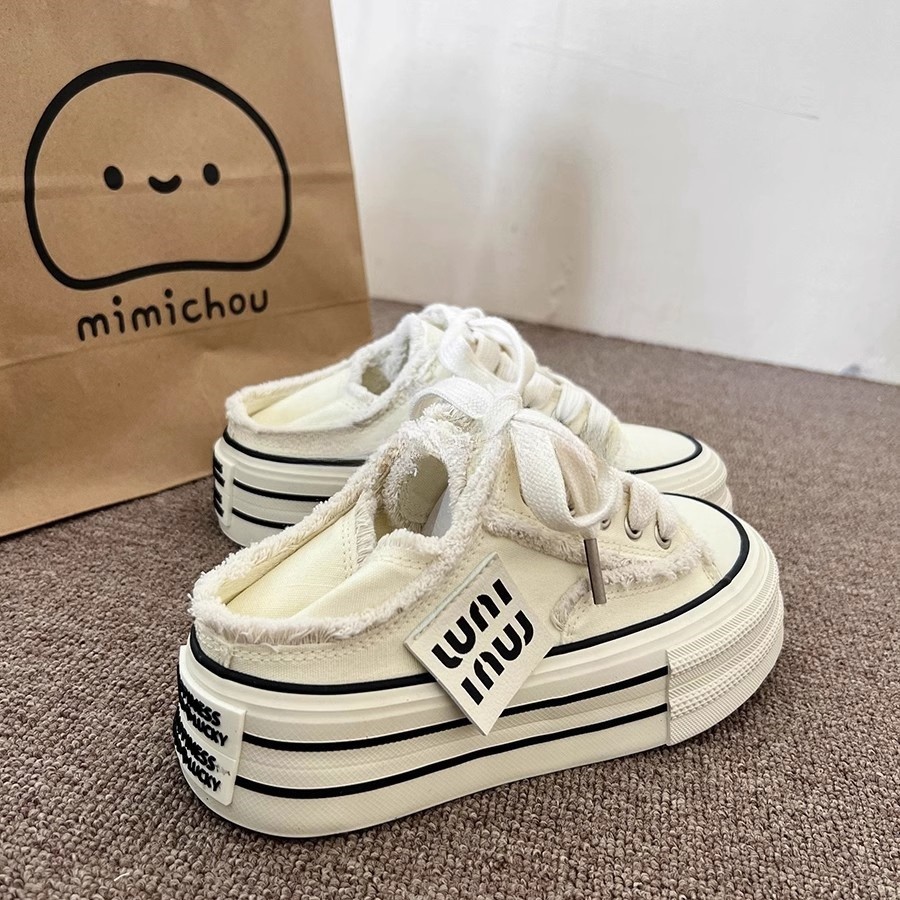 Women's Shoes That Can Step on the Heel, Two-Wear Thick-Soled Versatile Slip-Ons, 2025 New Design, Heightening Casual Canvas Shoes