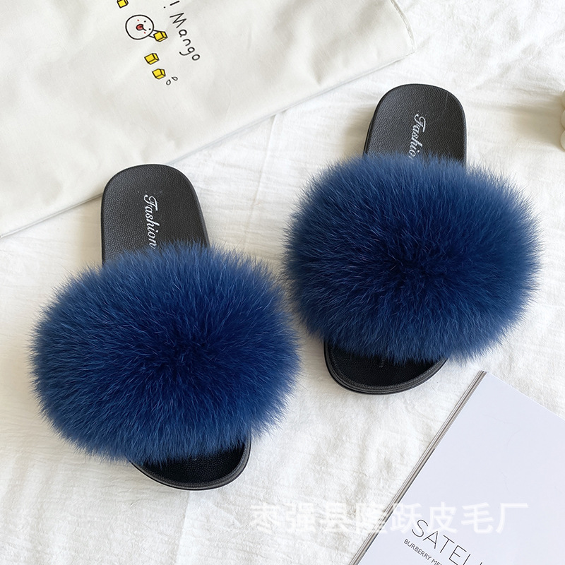 Amazon transfronterizo zapatillas de pelo de zorro real zapatillas de pelo de fondo plano zapatillas de pelo de mujer zapatillas de pelo de verano nuevas exportaciones