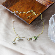 白色珍珠花朵绿色树叶吊坠项链仙女气质简约小清新颈链锁骨链配饰