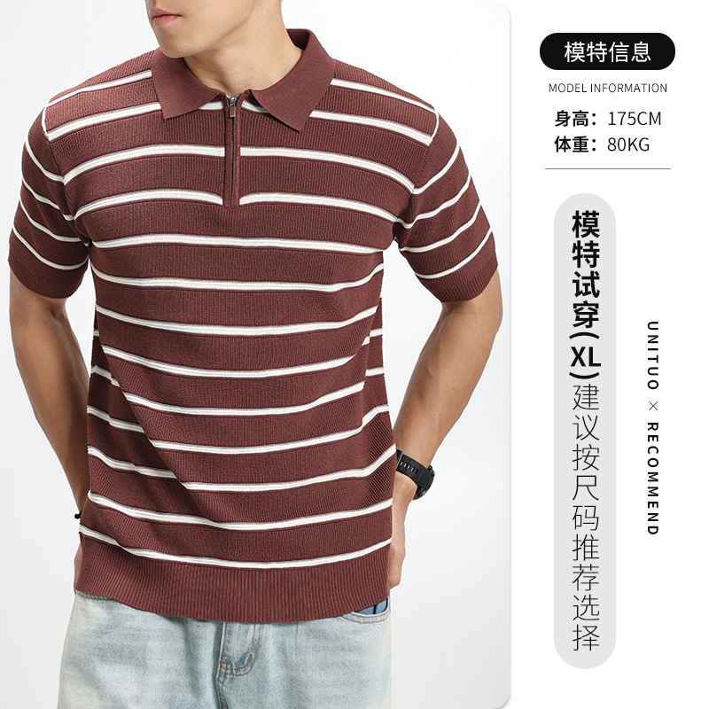 Camiseta de polo de punto a rayas horizontales de alta calidad, semia cremallera, texturizada, camiseta de mangas cortas de viaje de negocios para hombres