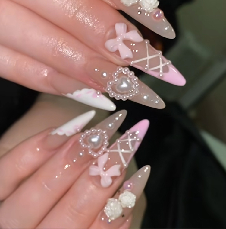 30g Weight French Style Sweet Flower Bow Knot Plastic Press-on Nails 1 Set