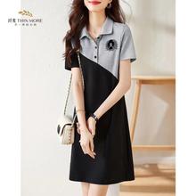 纤麦夏季新款不规则撞色拼接运动休闲风连衣裙时尚polo领T恤裙