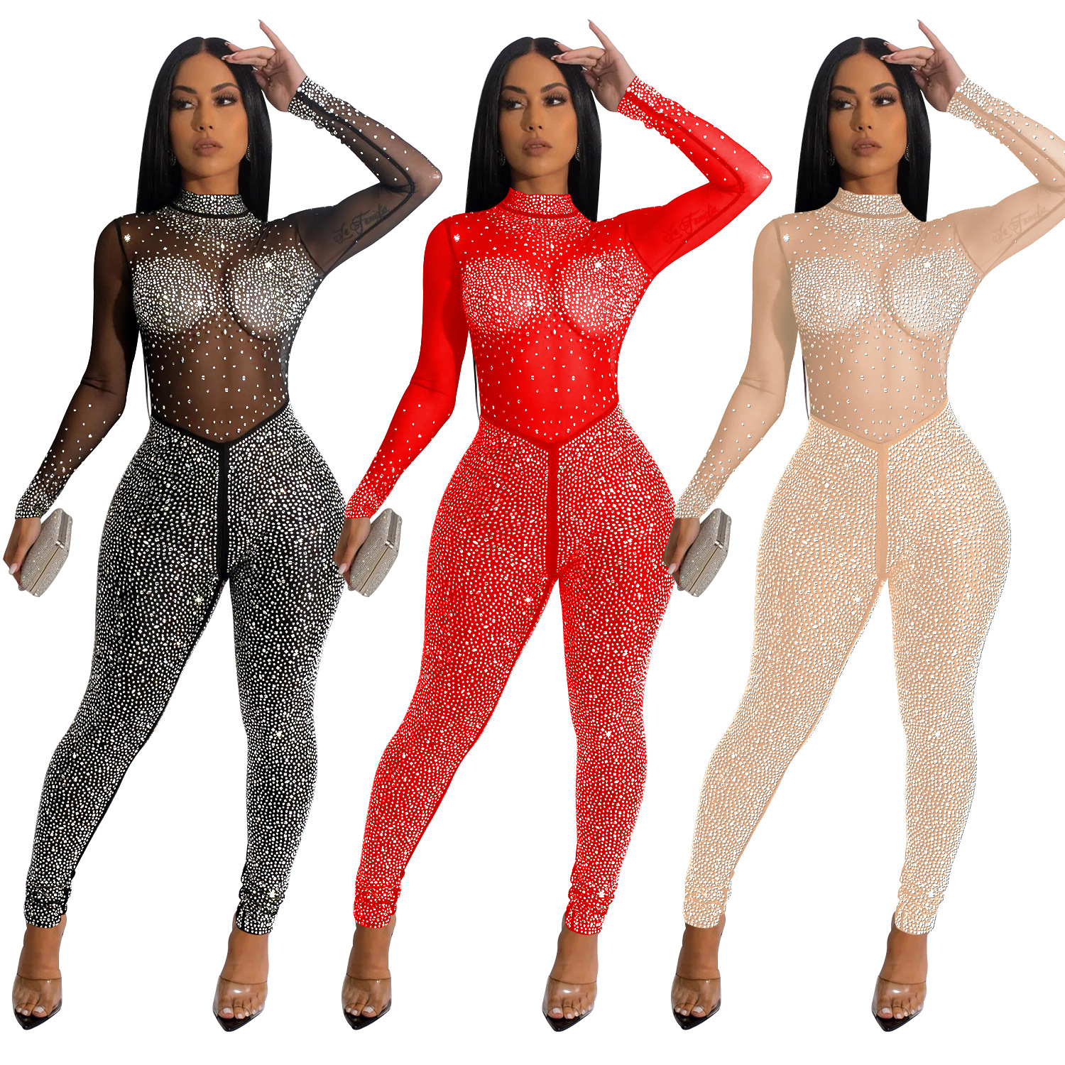 315g Weight Long Sleeve Sleeve Length Ankle-Length Pants Length Spandex, Polyester Fabric Type Mid Waist Waist Line Jumpsuits Pants Type Stretchy Elasticity Bodysuits Tops Type Party, Cocktail Party Occasion Skinny Fit Type Solid Color Pattern Spring, Autumn Season Women's Gender Diamond Design Hip-Hop Style Women's Party Cocktail Party Bodysuits Hip-Hop Solid Color Ankle-Length Diamond Jumpsuits 11