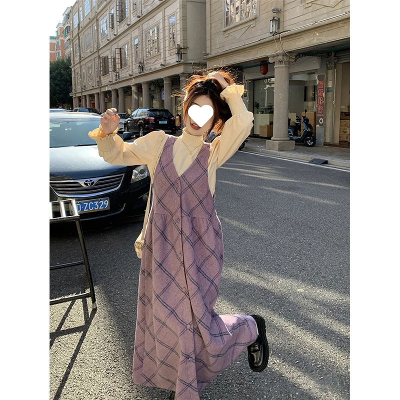 套装女秋冬新款温柔风v领紫色格纹毛呢背心裙收腰长裙泡泡袖上衣|undefined