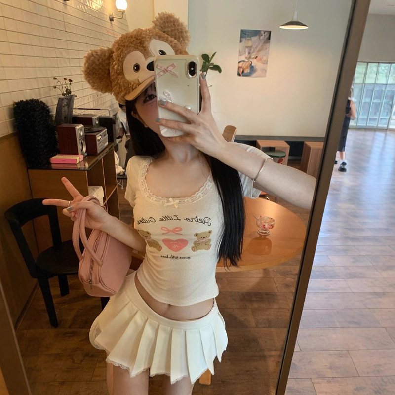 Cartoon Print Short-Sleeved T-Shirt for Women, Summer New Style, Lace Trim, U-Neck, Sweet and Spicy Style, Slim Fit, Short Dopamine Top