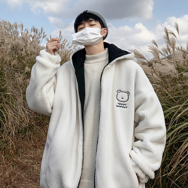 Invierno lana de algodón acolchado abrigo de los hombres Hong Kong estilo suelto casual algodón acolchado abrigo estilo coreano de moda polar forrado grueso con capucha de dos lados desgaste exterior