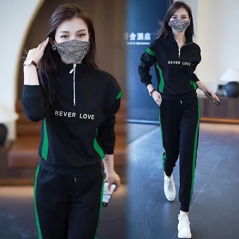 Casual sportswear suit women's autumn 2023 new Korean style fashionable loose slimming stand collar sweater two-piece set