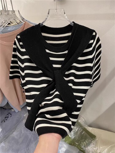2976# Summer Loose Striped Chiffon Women's Short Sleeve Little Black Dress Inspired Design Felt Knit Top