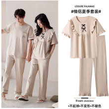 100%棉情侣睡衣夏季纯棉短袖长裤女公主风甜美宽松男士家居服套装