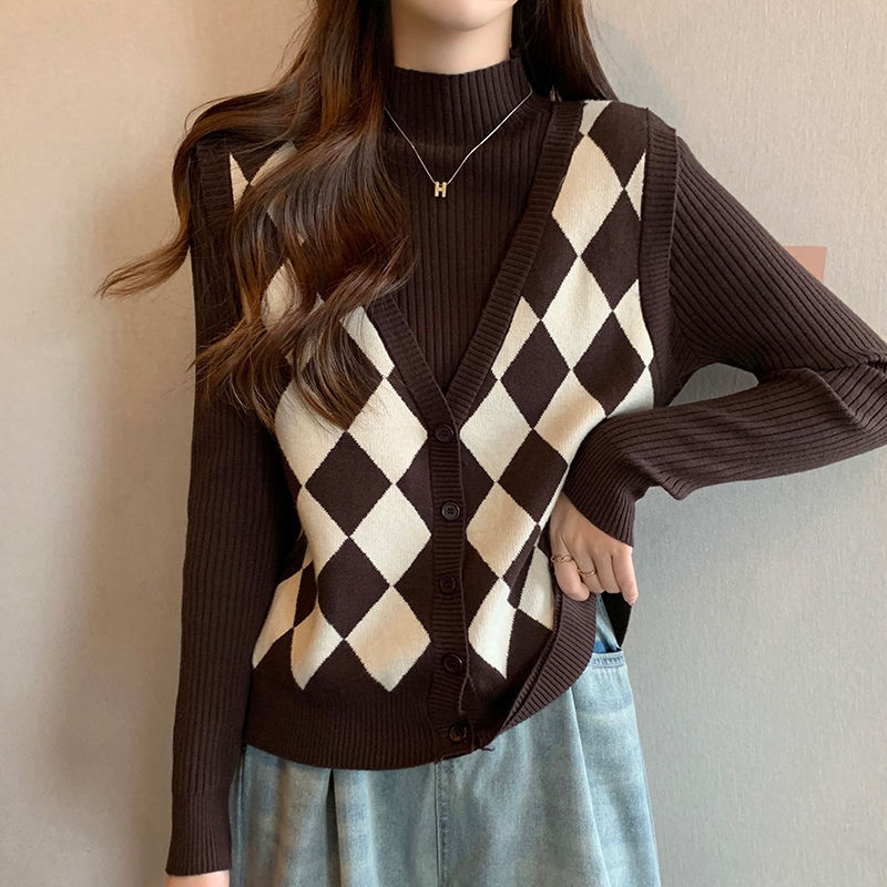 美拉德假两件菱格针织衫女秋冬新款显瘦上衣内搭半高领毛衣打底衫|undefined