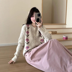 2025秋冬新款韩版宽松显瘦圆领提花针织衫毛衣女百搭外套上衣女装