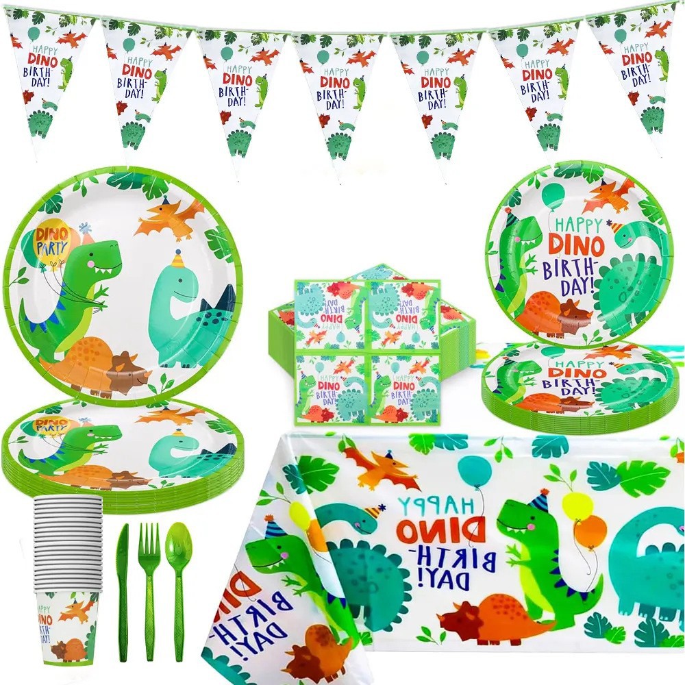 Amazon Venta caliente Segunda Generación dinosaurio fiesta de cumpleaños de los niños taza de papel plato de papel traje de fiesta vajilla en stock