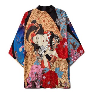 New Style National Tide National Style Harajuku Vintage Cardigan and Kimono Japanese Style Hundred Ghost Night Ashura Feather Woven Cloak Men's Printed