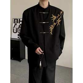 新中式男士订婚衣服套装国风立领中山装金竹刺绣男孩成人礼服西装