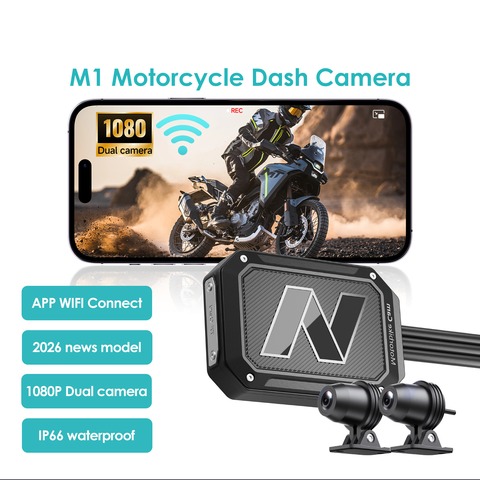 Cross-Border Best-Selling Dual-Recording Motorcycle Dashcam, Waterproof, Can Connect to Wifi, Hidden Installation Recorder