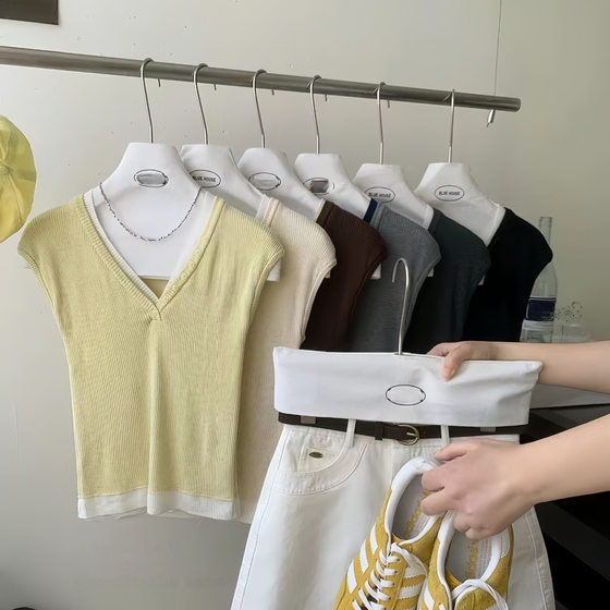 V-neck fake two-piece wool short-sleeved T-shirt women's 2025 spring new unique beautiful early spring coat multi-color optional