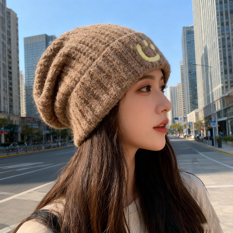 秋冬笑脸蓝色毛线帽子女加厚保暖大头围冷帽显脸小护耳针织堆堆帽|undefined