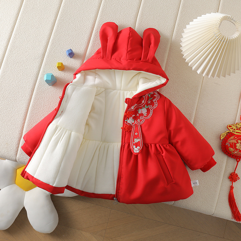 Invierno nuevo estilo niña princesa más algodón más terciopelo grueso cálido con capucha ropa de Año Nuevo estilo extranjero estilo nacional oreja de conejo chaqueta de algodón