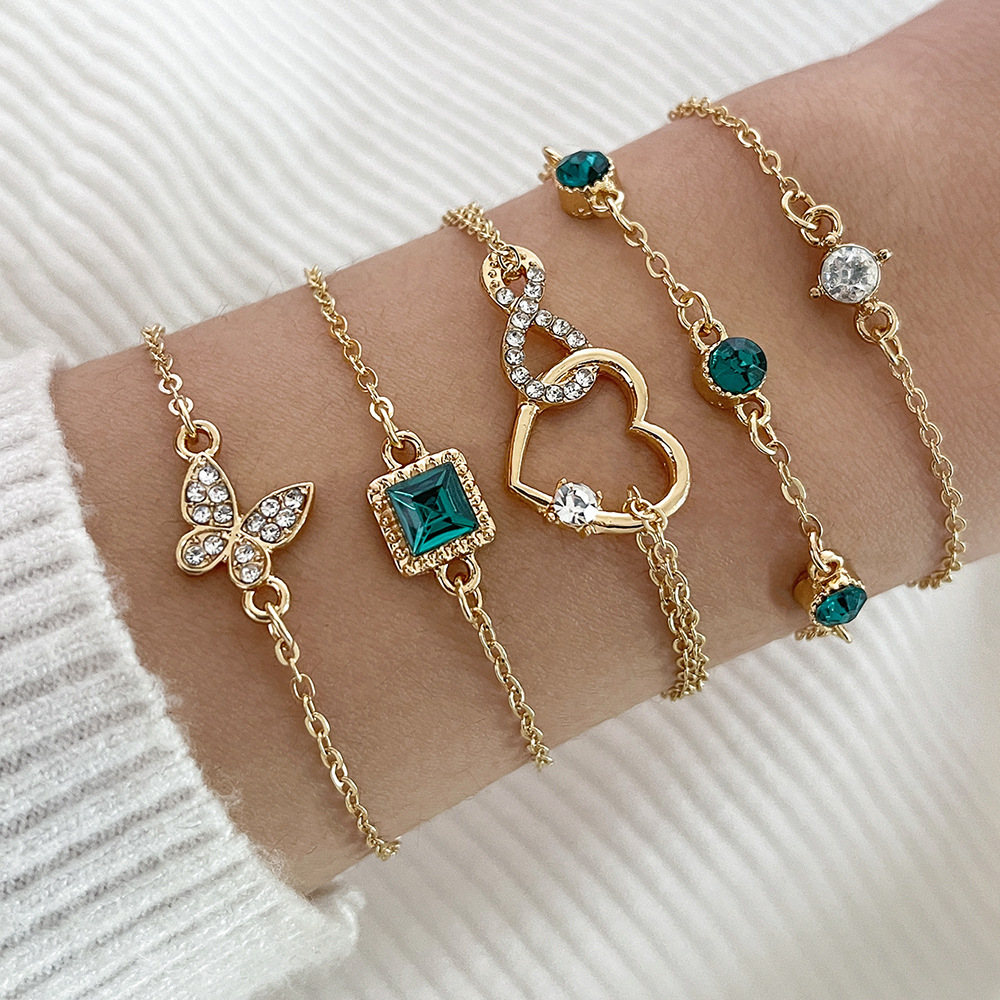 Cross-Border New European and American Style Bracelet Set with Vintage Green Diamond Inlay, Square Diamond Butterfly Heart Design, 5-Piece Set for Women, European and American Style