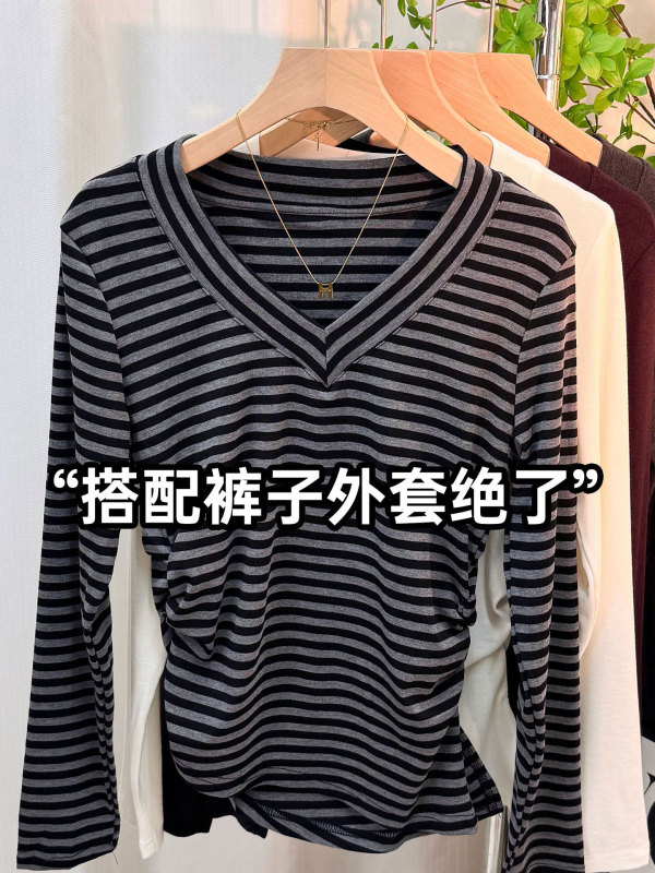 秋季新款V领开叉不规则T恤上衣女设计感小众修身百搭打底衫体恤潮|undefined