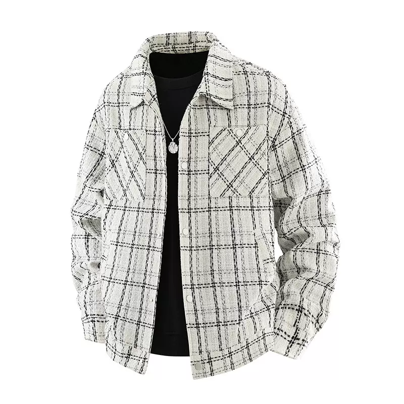 小香风外套男秋季2025新款宽松潮牌休闲美式复古格子翻领衬衫夹克