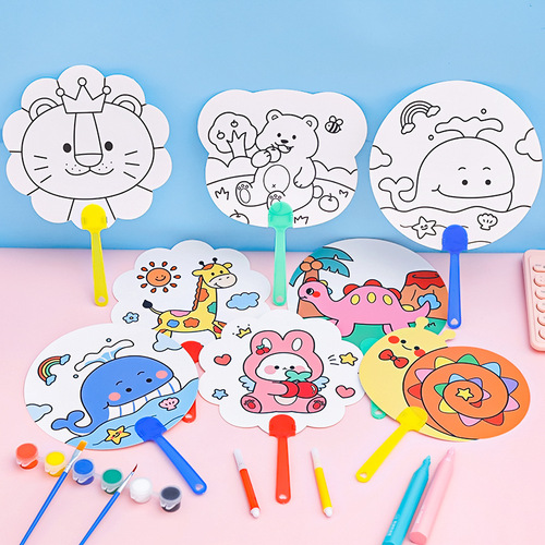 Cartoon diy graffiti fan children's cute hand-painted blank small fan children's day coloring painting plastic round fan