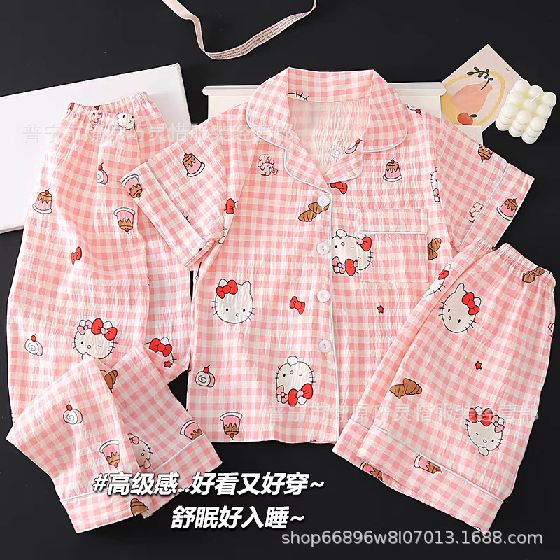 Hermosos pijamas de tela de rabu mujeres primavera y otoño verano nubes de algodón dulce mangas cortas pantalones cortos de tres piezas ropa para el hogar