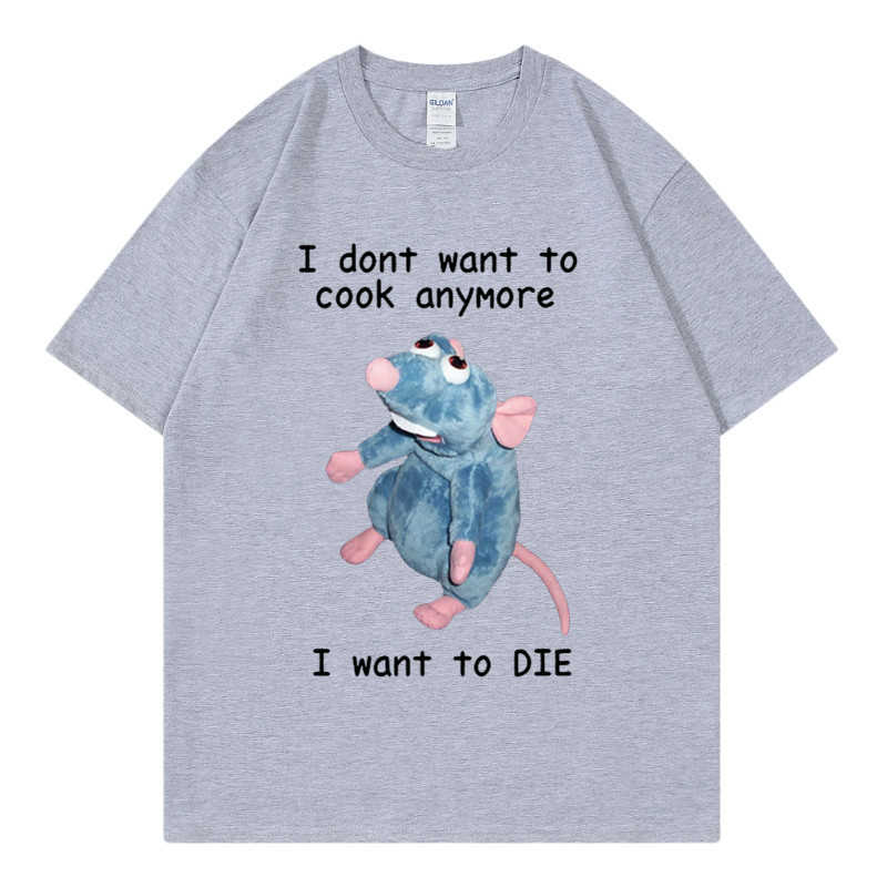 T-shirt en pur coton marque de mode sport nouveaux hommes ample col rond imprimé souris je ne veux pas cuisiner à nouveau T-shirt_voghion.com
