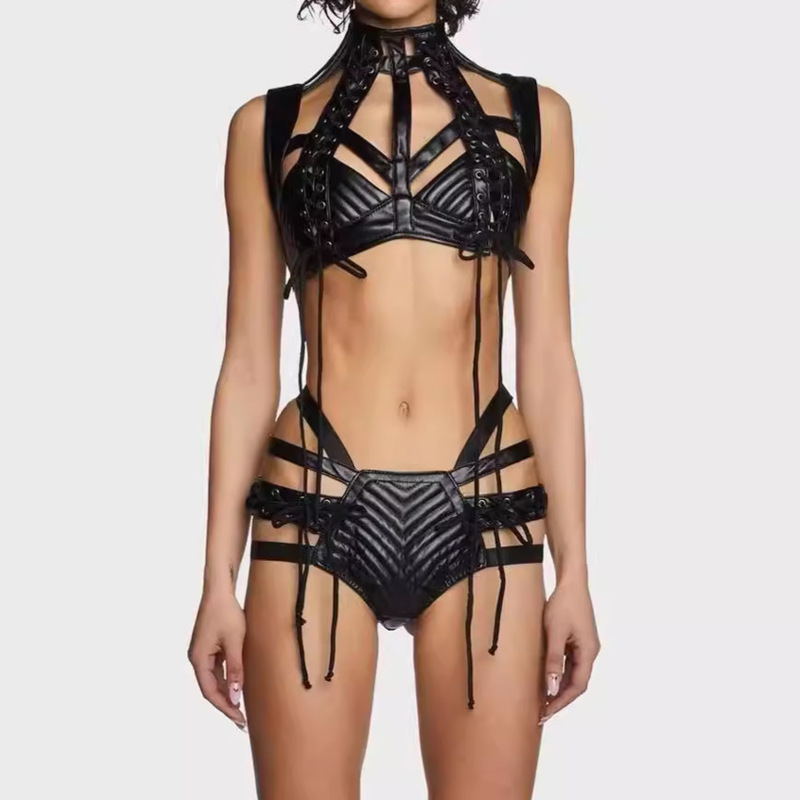 Cross-border Foreign Trade New Fashion Gothic Summer Leather Vest Corset Hollow Shorts Top Spice Girls suit