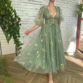性感深V晚礼服2025新款花朵装饰礼服舞会酒会主持人礼服显瘦中袖