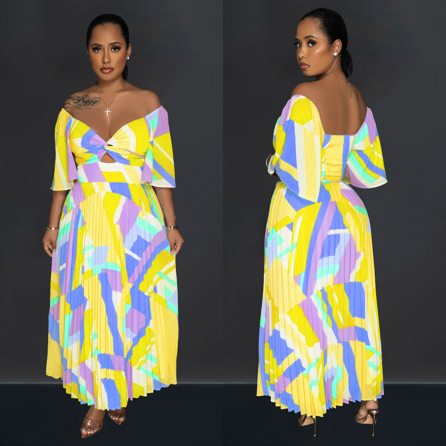 C6879 Cross-border AliExpress Amazon Vestido de falda larga plisada sin espalda con estampado sexy para mujer de moda europea y americana