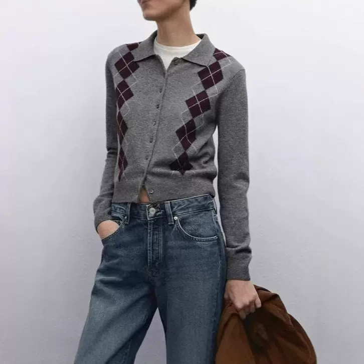 2025秋冬季新品欧美跨境女装街头时尚短款菱形POLO领开衫针织毛衣