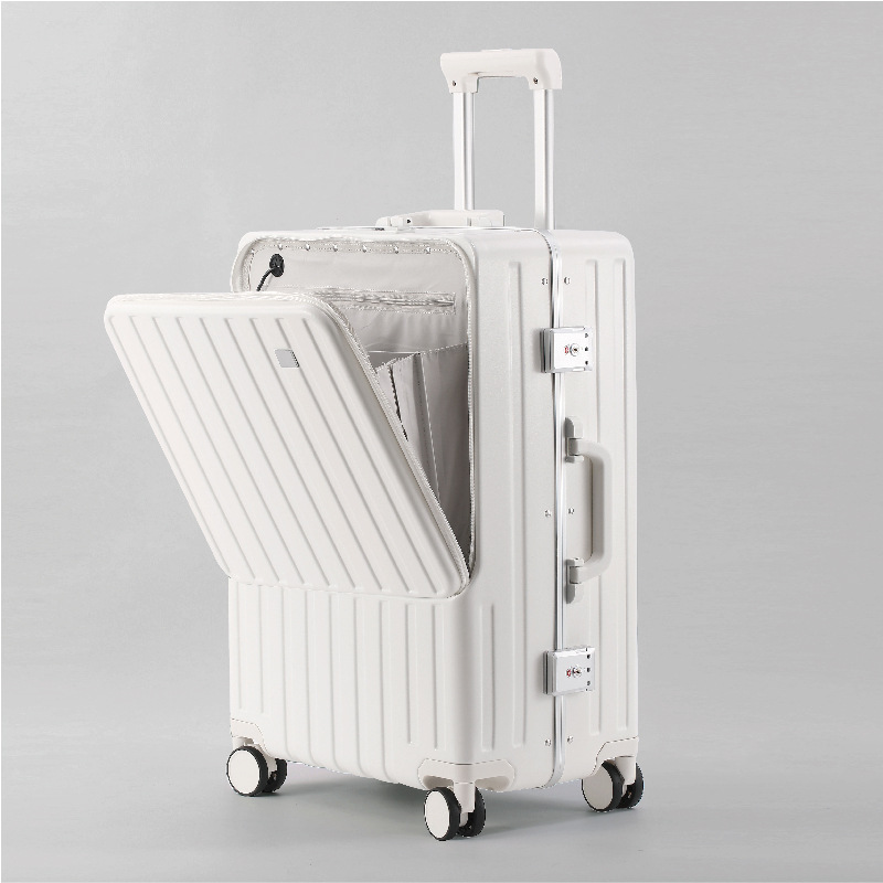 Apertura frontal equipaje de las mujeres marco de aluminio de los hombres caso de embarque maleta de 20/24 pulgadas soporte para teléfono móvil caja de la carretilla de carga USB
