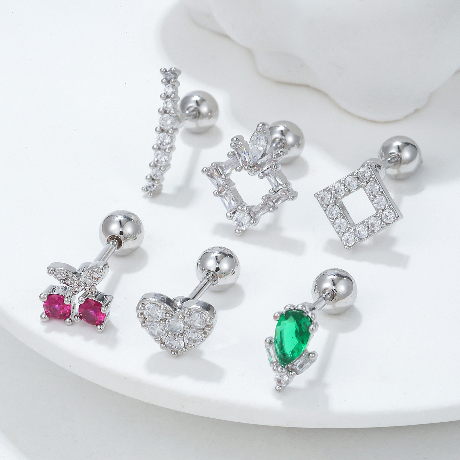 Fashion Square Cherry Heart Shape Copper Inlaid Zircon Ear Studs 1 Piece