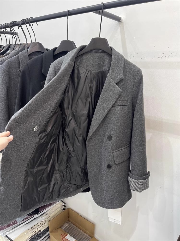2025 New Korean Style Inner Cotton-Padded Blazer Down Jacket For Women Winter Small Size Rolled Sleeve Elegant Wool Coat_ecoleips.com